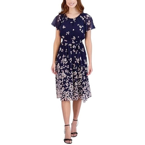 Sandra Darren Plus Size 20W Dress Navy Floral Short Sleeve Smocked Midi 1284 - Picture 4 of 14